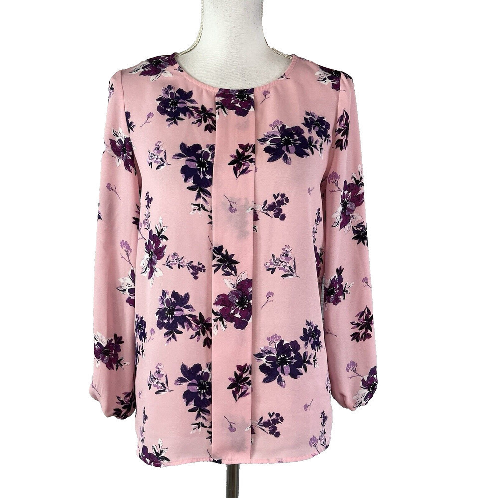 Tahari Blouse size Extra Small Pink Purple Floral Sheer Cottage Granny Core Slim